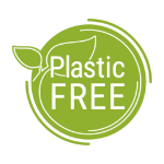 Na zdjęciu jest logo z napisem "Plastic FREE" w kolorze zielonym. Logo przedstawia zielone koło z konturem liścia i jabłka, które tworzy literę "P" w słowie "Plastic". Całość znajduje się na białym tle.
